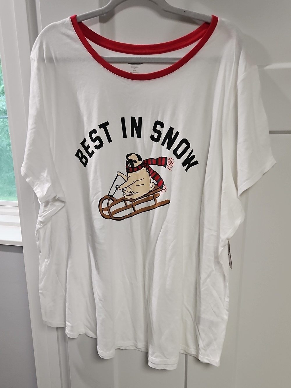 Old Navy White Graphic Tee with Red Trim - 'Best in Snow' Pug Sled